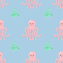 Seamless pattern with cute cartoon octopus. Vector illustration.