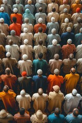 Aerial shot of a diverse group of people engaged in prayer on a richly patterned carpet.