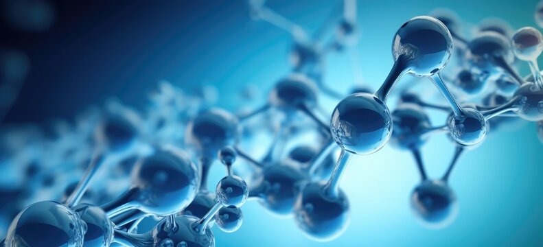 Detailed blue molecule atoms forming intricate structures against a serene blue liquid serum backdrop