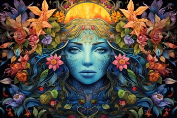 Intricate artwork of a goddess adorned with a rich tapestry of colorful flowers.