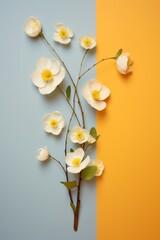 Delicate white flowers artistically arranged on a dual-tone blue and yellow background