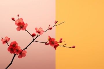 A branch with red blossoms against a contrasting pink and yellow background, minimalist style.