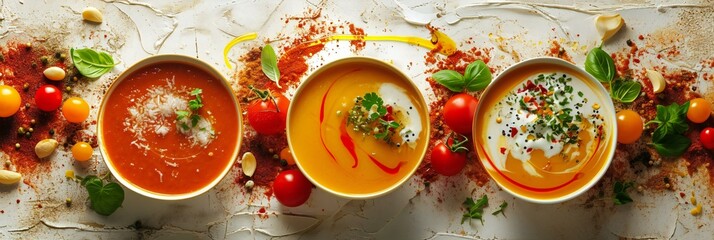 Assortment of Gourmet Soups in Stylish Bowls
