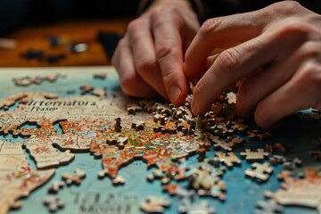 Concentration on Puzzle Assembly Close-Up