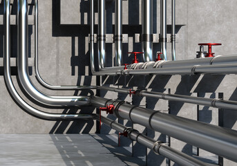Industrial background. Building wall with pipeline. Chemical Industry Concept. Pipes for...