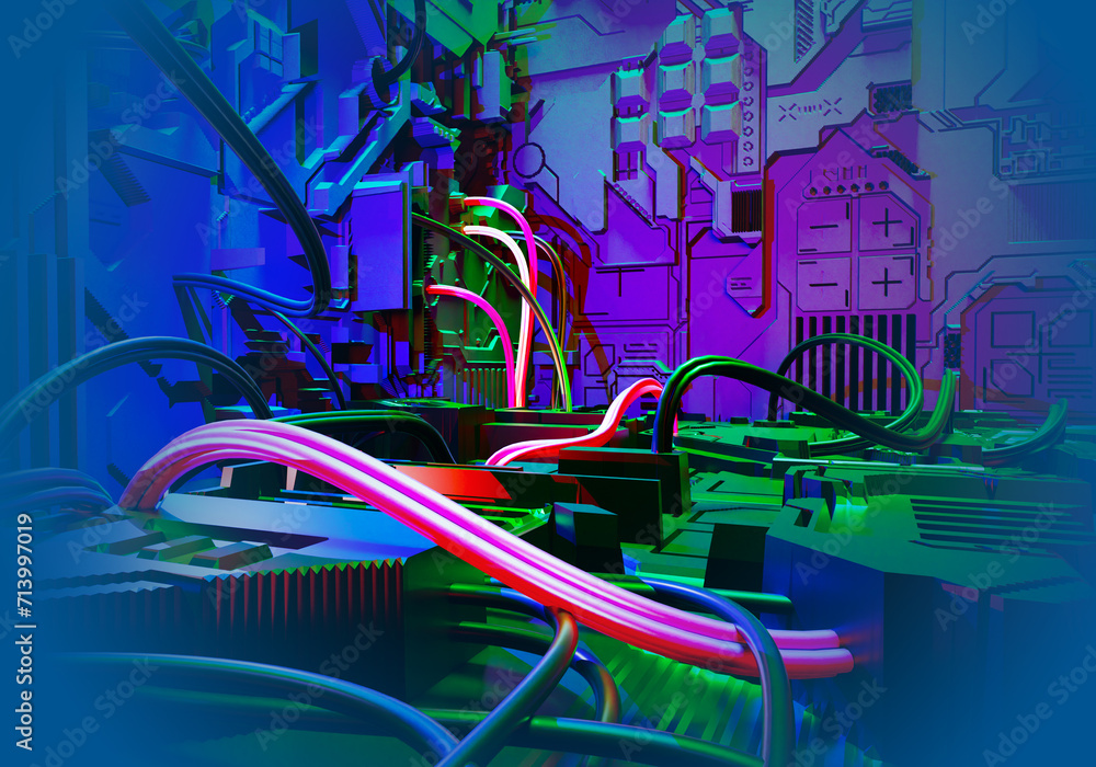 Poster the computer is from the inside. component from electronic boards with wires. 3d image