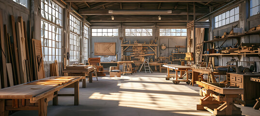  woodworking workshop with tools, wood and woodworking equipment, in the style of large-scale canvas, soft atmospheric perspective, 