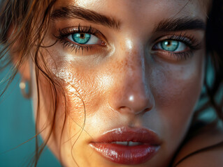 Hyperreal portrait of a young woman close-up.