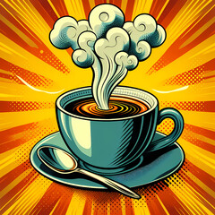 A steaming cup of coffee in a pop art style