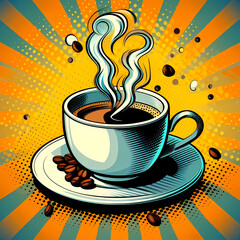 A steaming cup of coffee in a pop art style