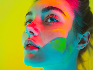 Hyperreal portrait of a young woman close-up. neon colors