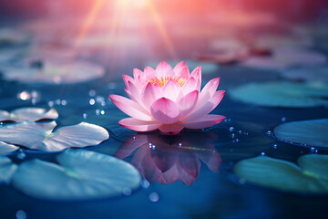 Beautiful pink lotus flower in the middle of a pond with cyan water