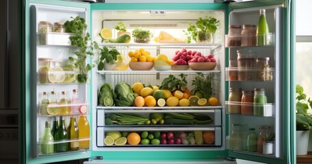 The door to an organized summer refrigerator, where every shelf is a display of fresh and colorful summer treats - obrazy, fototapety, plakaty