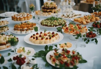 Catering wedding buffet for events Wedding Reception Buffet Food Buffet Table with dishware waiting