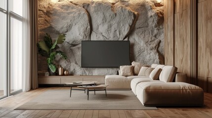 A corner of the living room with beige sofa and television, for a warm family room.