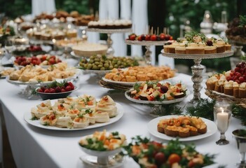 Fototapeta na wymiar Catering wedding buffet for events Wedding Reception Buffet Food Buffet Table with dishware waiting