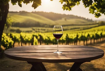 Foto op Aluminium Empty wood table top with a glass of wine on blurred vineyard landscape background for display or mo © ArtisticLens