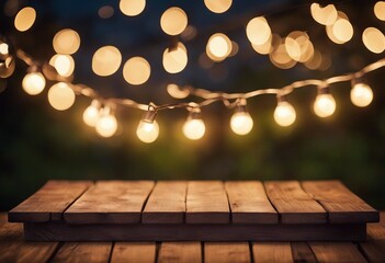 Empty Wood table top with decorative outdoor string lights hanging on tree in the garden at night ti - obrazy, fototapety, plakaty