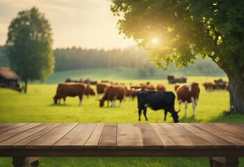 Empty wooden table top with meadow farm and cows on a grass green field during the summer morning li