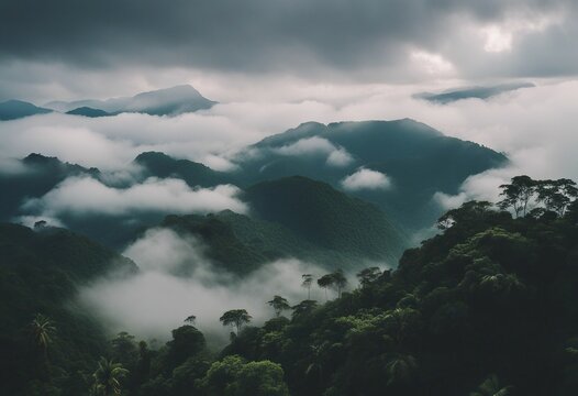 Foggy landscape in the jungle Fog and cloud mountain tropic valley landscape aerial view