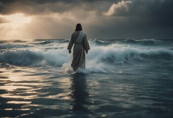 Jesus walks on water across the sea during a storm Biblical theme concept
