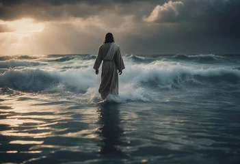 Poster Jesus walks on water across the sea during a storm Biblical theme concept © ArtisticLens