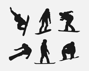 Vector set silhouettes of snowboarder. Snowboard sport. Isolated on white background.