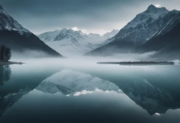 Wandcirkels plexiglas Lake panorama in a foggy morning with glaciers mountains and reflection © ArtisticLens