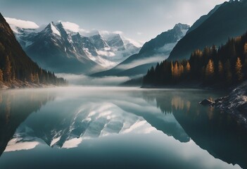 Lake panorama in a foggy morning with glaciers mountains and reflection