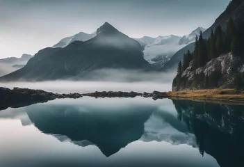 Foto auf Acrylglas Lake panorama in a foggy morning with glaciers mountains and reflection © ArtisticLens