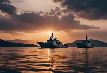 Foto auf Glas Military navy ships in a sea bay at sunset © ArtisticLens