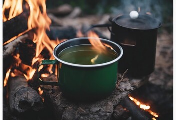 Metal campfire enamel mug with hot herbal tea on campfire a pot of water boiling over a fire and a f - obrazy, fototapety, plakaty