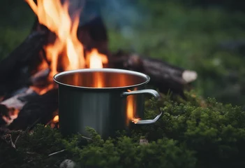 Poster Metal campfire enamel mug with hot herbal tea on campfire a pot of water boiling over a fire and a f © ArtisticLens