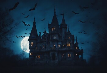 Fototapeta na wymiar Scary gothic castle on Halloween night haunted palace or mansion for dark blue background Spooky vie