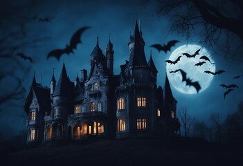 Scary gothic castle on Halloween night haunted palace or mansion for dark blue background Spooky vie