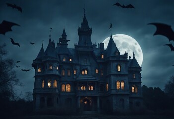 Scary gothic castle on Halloween night haunted palace or mansion for dark blue background Spooky vie - obrazy, fototapety, plakaty