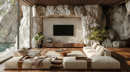 A corner of the living room with beige sofa and television, for a warm family room.
