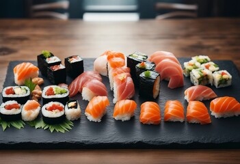 Sushi Set sashimi and sushi rolls served on stone slate