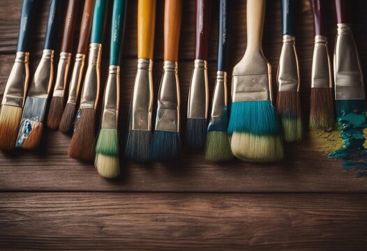 Row of artist paintbrushes closeup on artistic wooden background Brushes with colorful paints