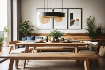 Interior home design of modern dining room with wooden dining table and rustic wooden benches with art poster frame