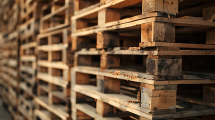 Wood pallet stack in warehouse emphasizes eco-friendly, sustainable features for shipping and supply chains.  - obrazy, fototapety, plakaty