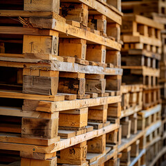 Wood pallet stack in warehouse emphasizes eco-friendly, sustainable features for shipping and supply chains. 