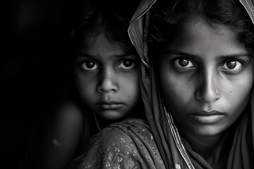 portrait of two people, black and white portrait of girl and woman in traditional clothing, looking intently at camera, with dramatic side lighting in domestic setting, highlighting depth of gaze
