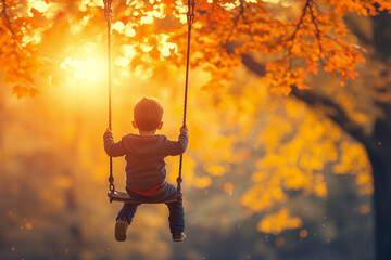 boy on swing in autumn park. Sunlight penetrates through foliage of trees, bright and warm background. golden and orange trees. Silhouette of boy against backdrop of flooding light of the sunset