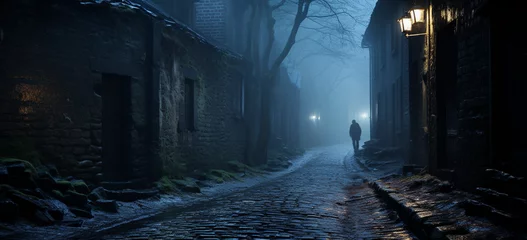 Foto op Plexiglas Man walking in a dark alley at night. Horror movie concept. Silhouette of a man walking in a dark alley at night © zunaira