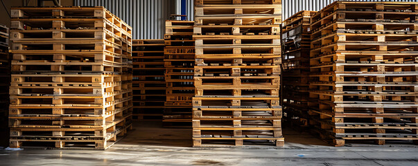 Wood pallet stack in warehouse emphasizes eco-friendly, sustainable features for shipping and supply chains. 