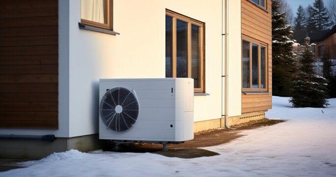 White colour air source heat pump installed outside the family house in winter for heating and cooling homes