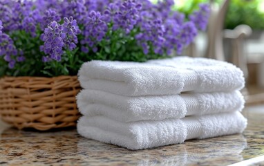spa still life with towels and white towels on wood.