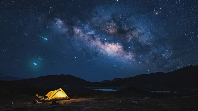 Camping in The Mountains Under The Starry Night Sky. seamless looping time-lapse virtual 4k video animation background.