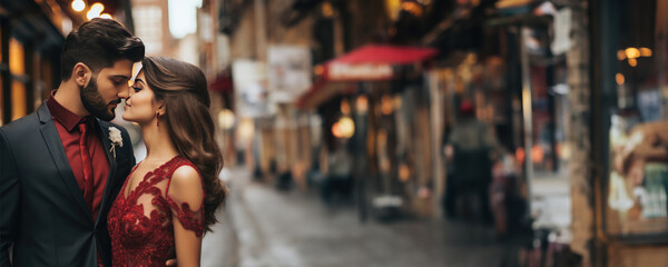 A romantic moment between a man and a woman as they share a kiss on a street  Fictional Characters Created by Generative AI.